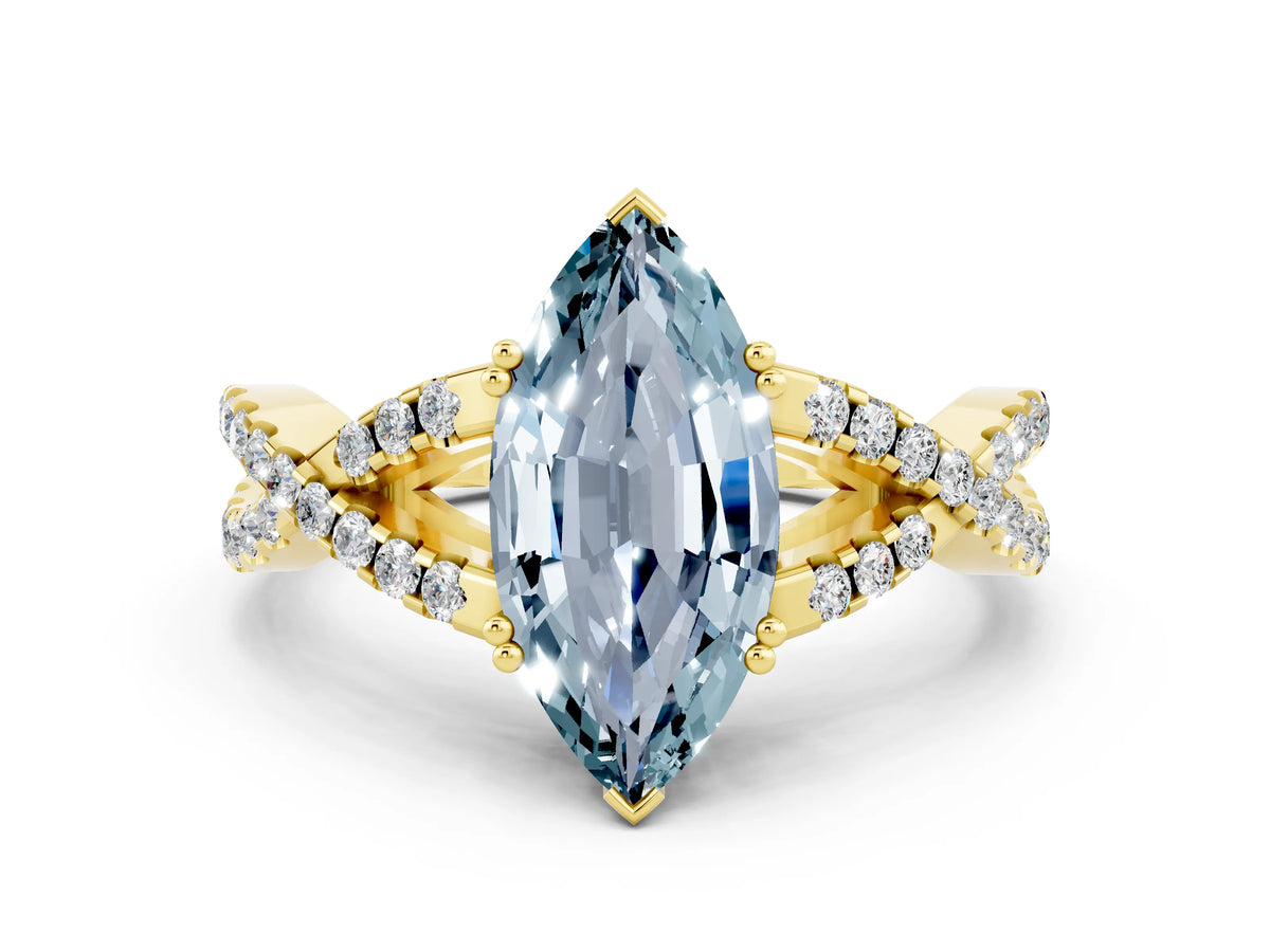 Marquise Cut Aquamarine Solitaire Ring in Yellow gold with Interwoven Pavé Band and Prong Setting