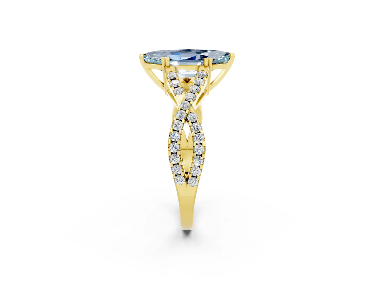 Marquise Cut Aquamarine Solitaire Ring in Yellow gold with Interwoven Pavé Band and Prong Setting_2