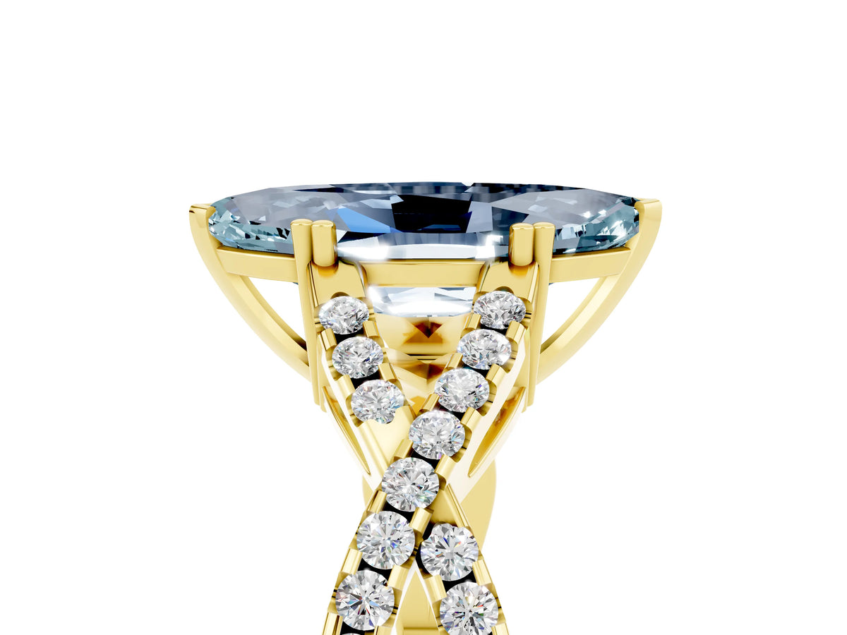 Marquise Cut Aquamarine Solitaire Ring in Yellow gold with Interwoven Pavé Band and Prong Setting_5
