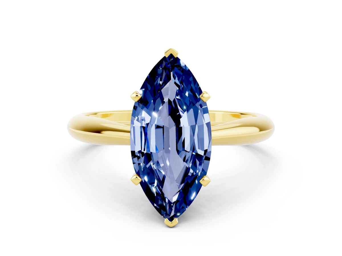Marquise Cut Blue Sapphire Cathedral Solitaire Engagement Ring in Yellow gold with Prong Setting