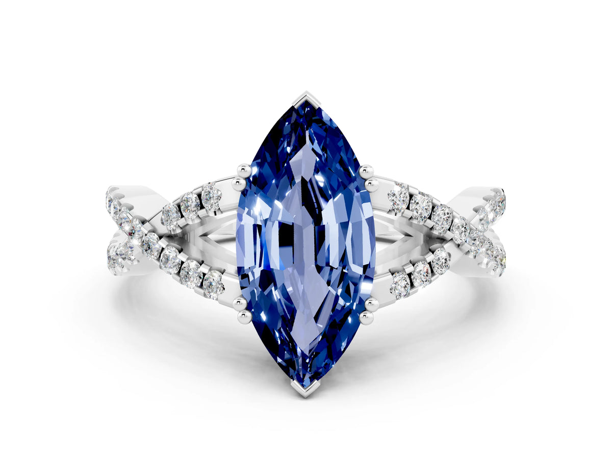 Marquise Cut Blue Sapphire Solitaire Ring in Platinum with Interwoven Pavé Band and Prong Setting_6