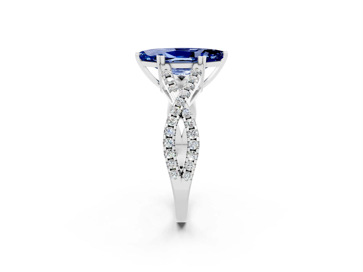 Marquise Cut Blue Sapphire Solitaire Ring in Platinum with Interwoven Pavé Band and Prong Setting_8
