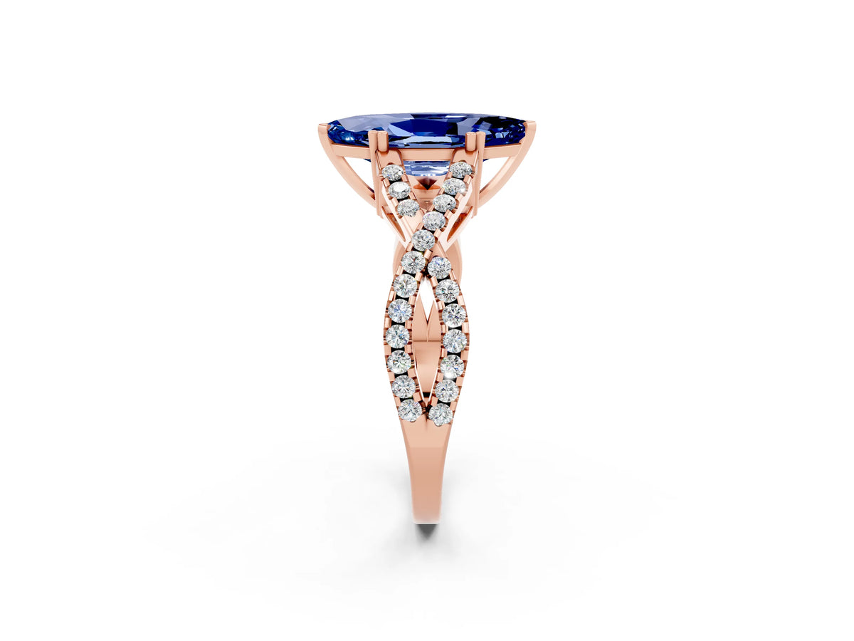 Marquise Cut Blue Sapphire Solitaire Ring in Rose gold with Interwoven Pavé Band and Prong Setting_2