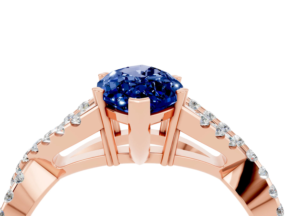Marquise Cut Blue Sapphire Solitaire Ring in Rose gold with Interwoven Pavé Band and Prong Setting_4