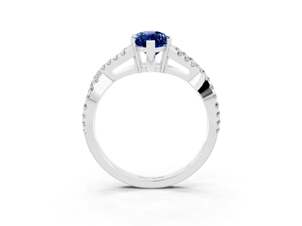 Marquise Cut Blue Sapphire Solitaire Ring in White gold with Interwoven Pavé Band and Prong Setting_3