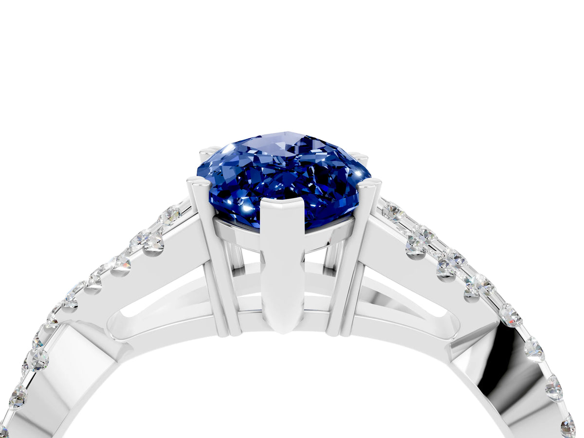 Marquise Cut Blue Sapphire Solitaire Ring in White gold with Interwoven Pavé Band and Prong Setting_4