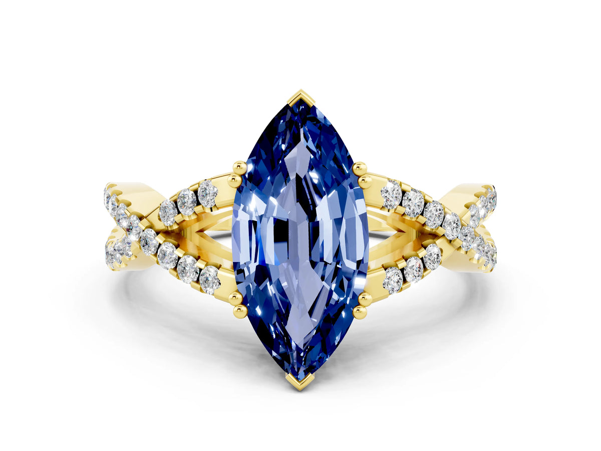 Marquise Cut Blue Sapphire Solitaire Ring in Yellow gold with Interwoven Pavé Band and Prong Setting