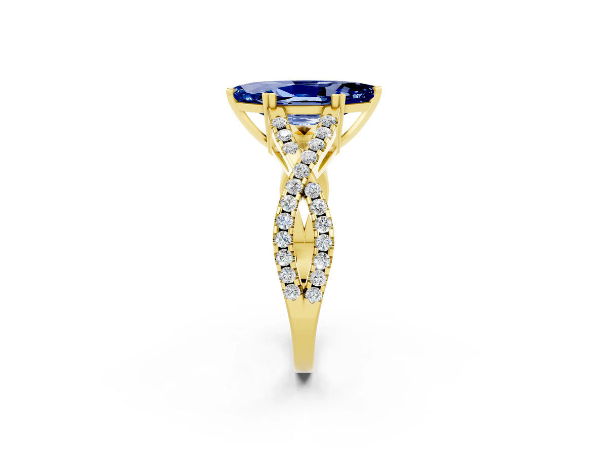 Marquise Cut Blue Sapphire Solitaire Ring in Yellow gold with Interwoven Pavé Band and Prong Setting_2