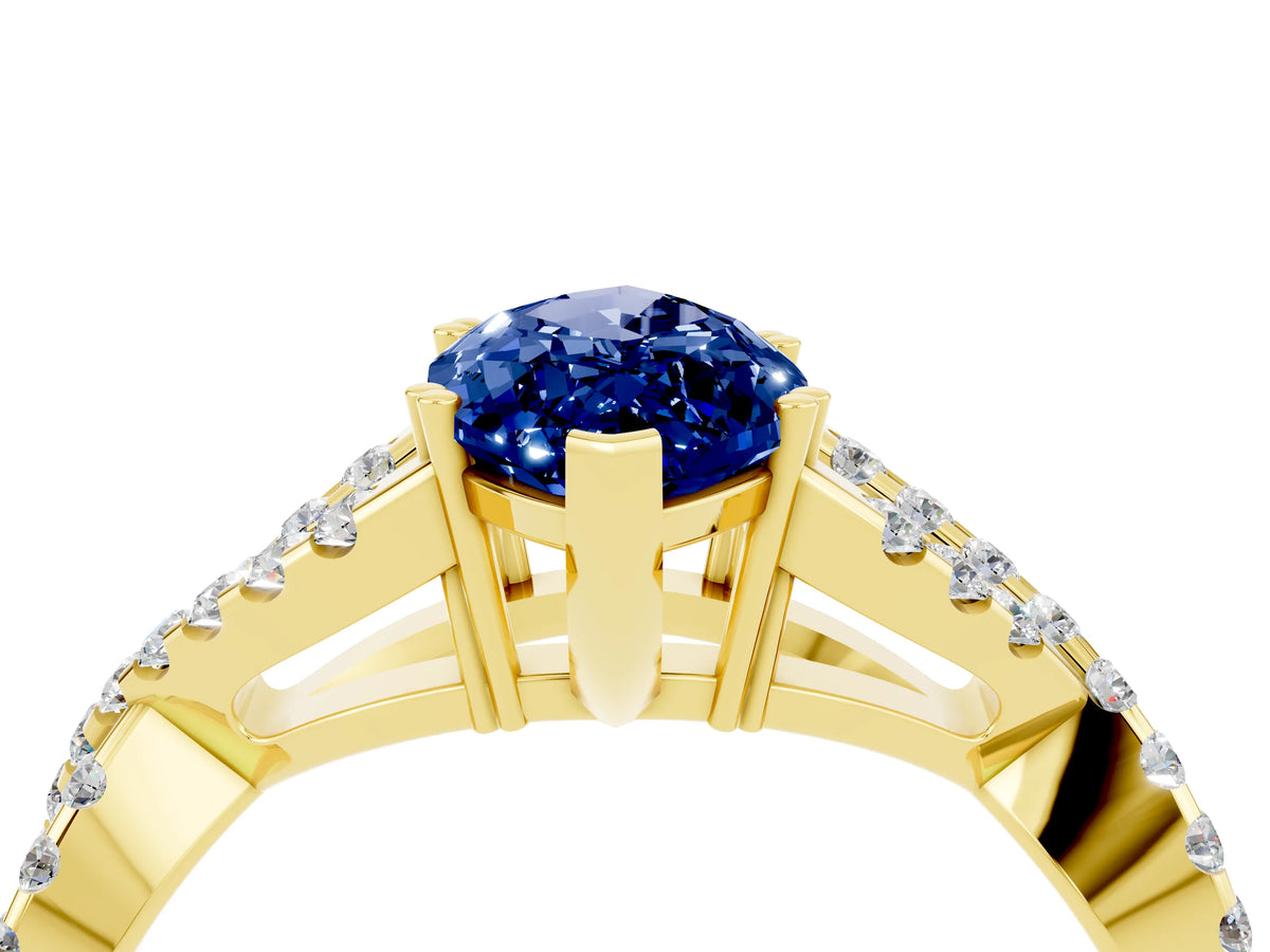 Marquise Cut Blue Sapphire Solitaire Ring in Yellow gold with Interwoven Pavé Band and Prong Setting_4