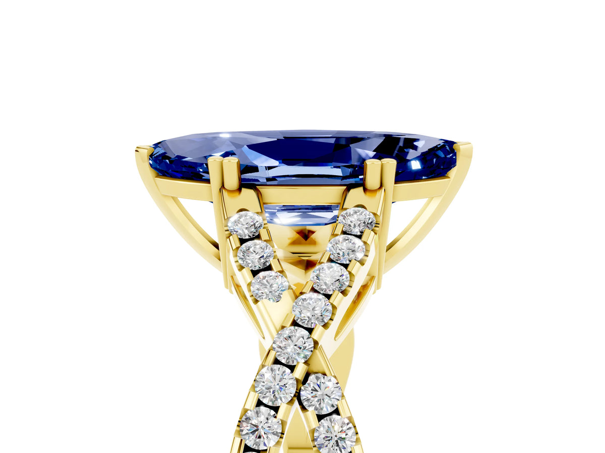 Marquise Cut Blue Sapphire Solitaire Ring in Yellow gold with Interwoven Pavé Band and Prong Setting_5
