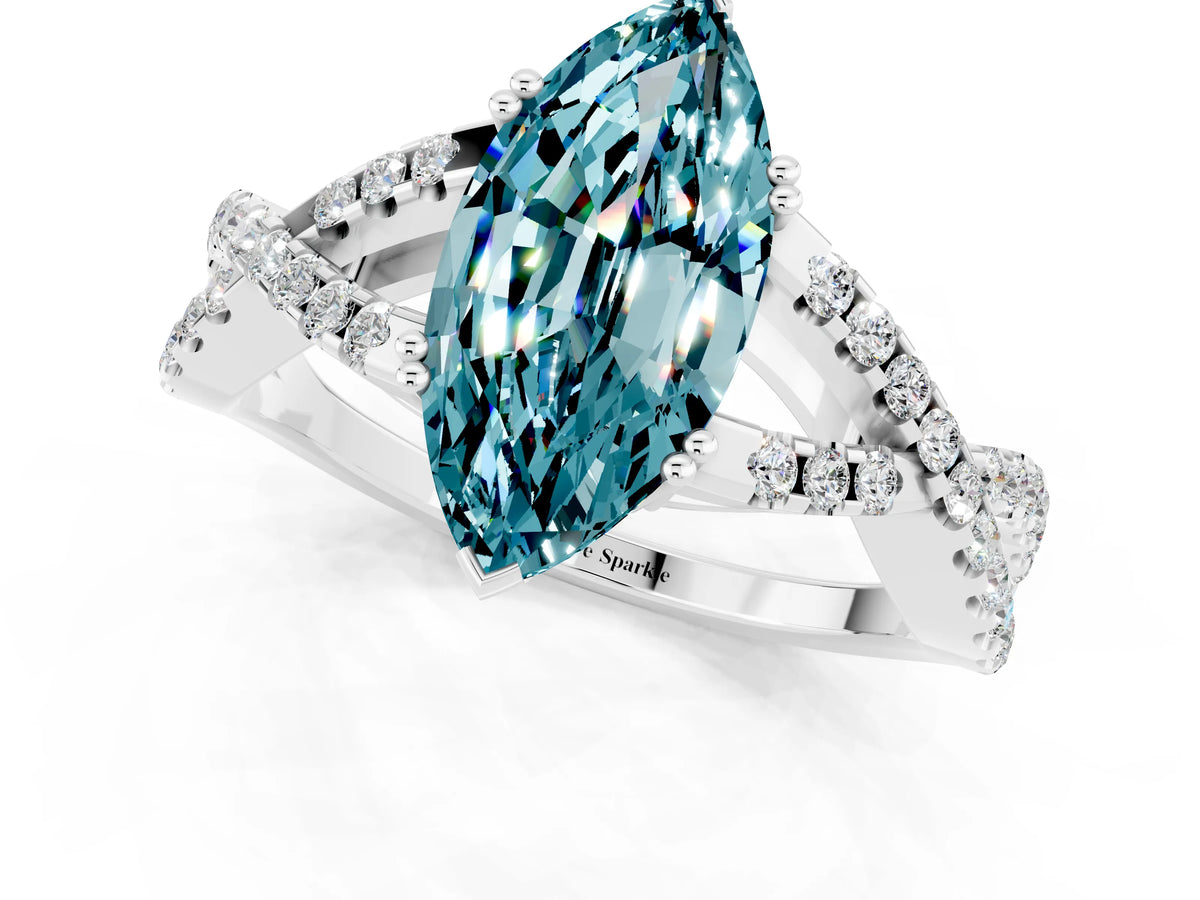 Marquise Cut Blue Topaz Solitaire Ring in White gold with Interwoven Pavé Band and Prong Setting_1