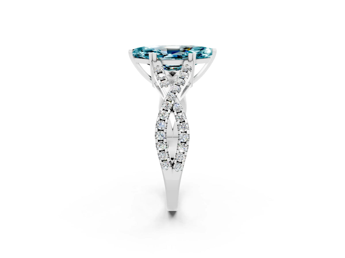 Marquise Cut Blue Topaz Solitaire Ring in White gold with Interwoven Pavé Band and Prong Setting_2