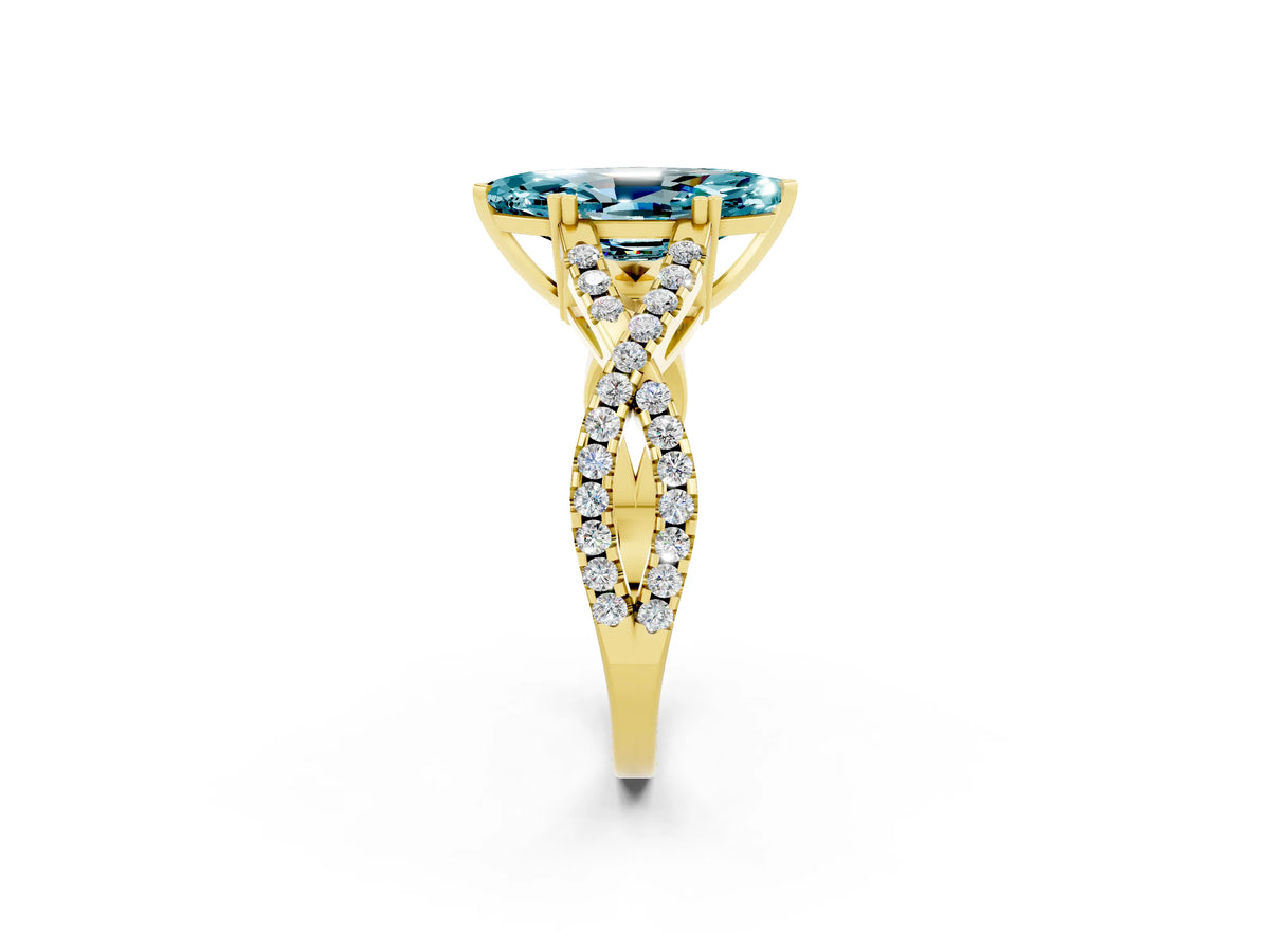 Marquise Cut Blue Topaz Solitaire Ring in Yellow gold with Interwoven Pavé Band and Prong Setting_2