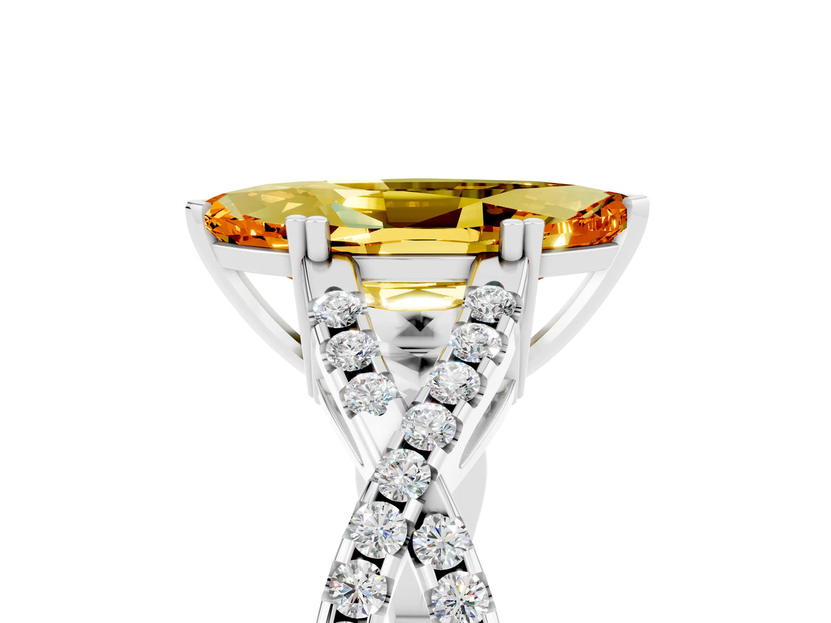 Marquise Cut Citrine Solitaire Ring in Platinum with Interwoven Pavé Band and Prong Setting_11