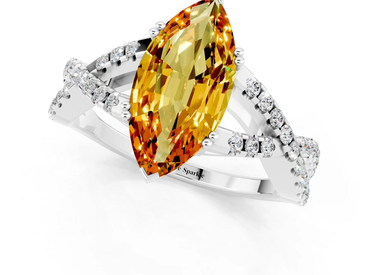 Marquise Cut Citrine Solitaire Ring in Platinum with Interwoven Pavé Band and Prong Setting_7