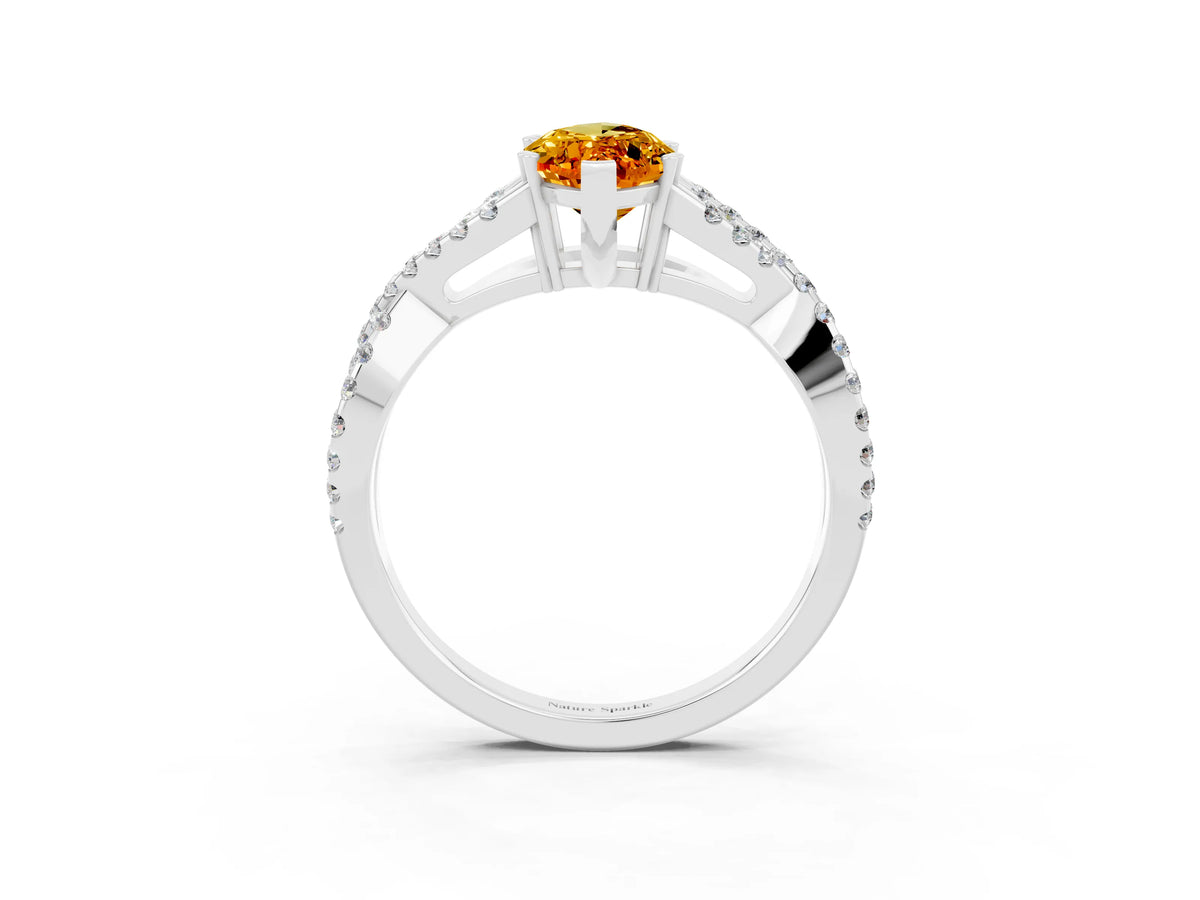 Marquise Cut Citrine Solitaire Ring in Platinum with Interwoven Pavé Band and Prong Setting_9