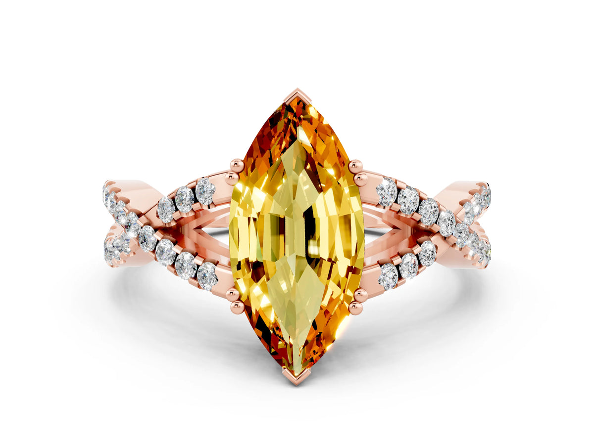 Marquise Cut Citrine Solitaire Ring in Rose gold with Interwoven Pavé Band and Prong Setting