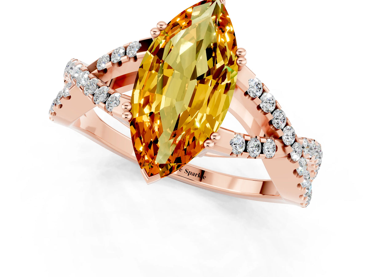 Marquise Cut Citrine Solitaire Ring in Rose gold with Interwoven Pavé Band and Prong Setting_1