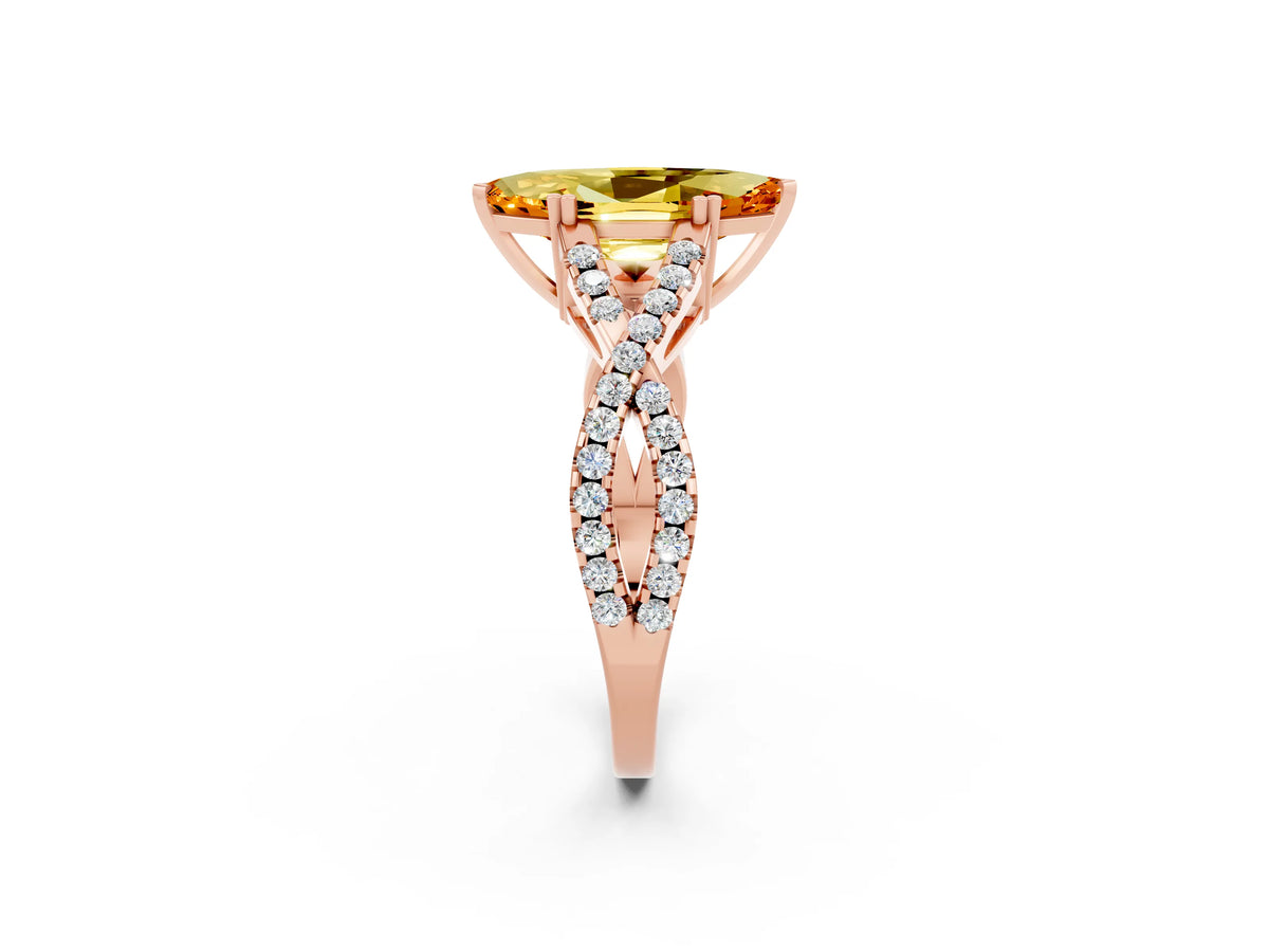 Marquise Cut Citrine Solitaire Ring in Rose gold with Interwoven Pavé Band and Prong Setting_2