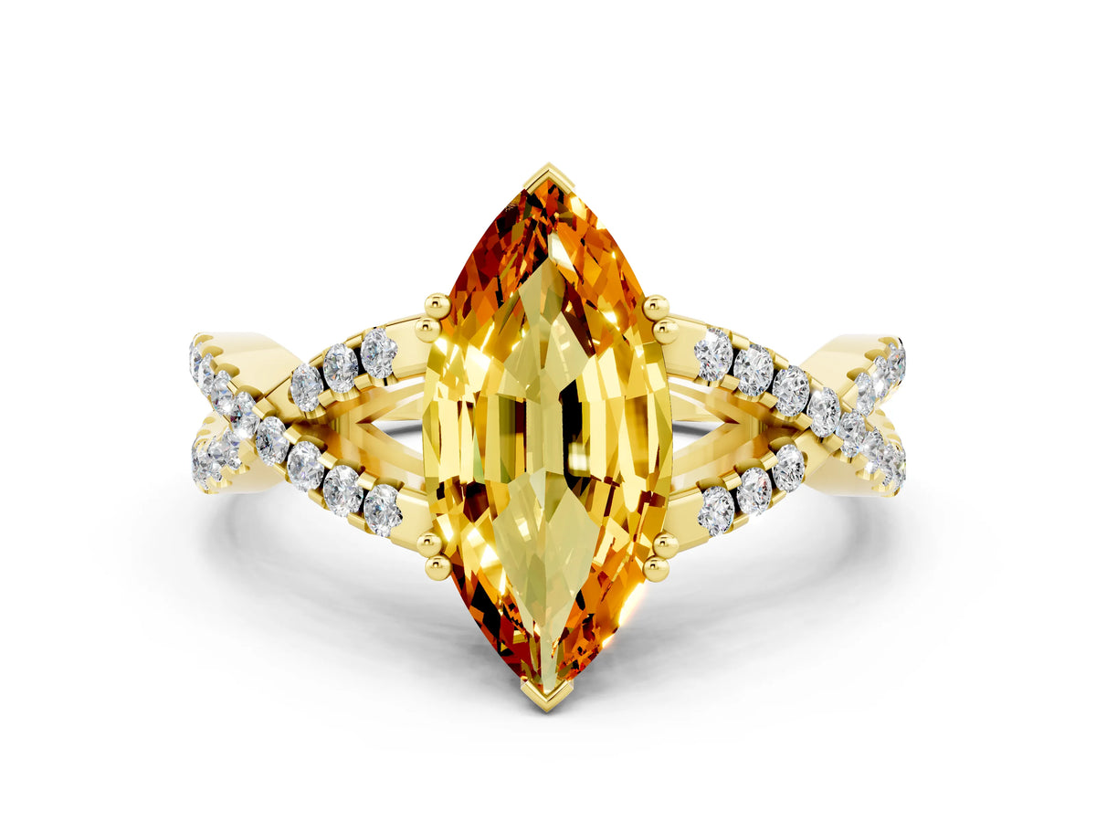 Marquise Cut Citrine Solitaire Ring in Yellow gold with Interwoven Pavé Band and Prong Setting