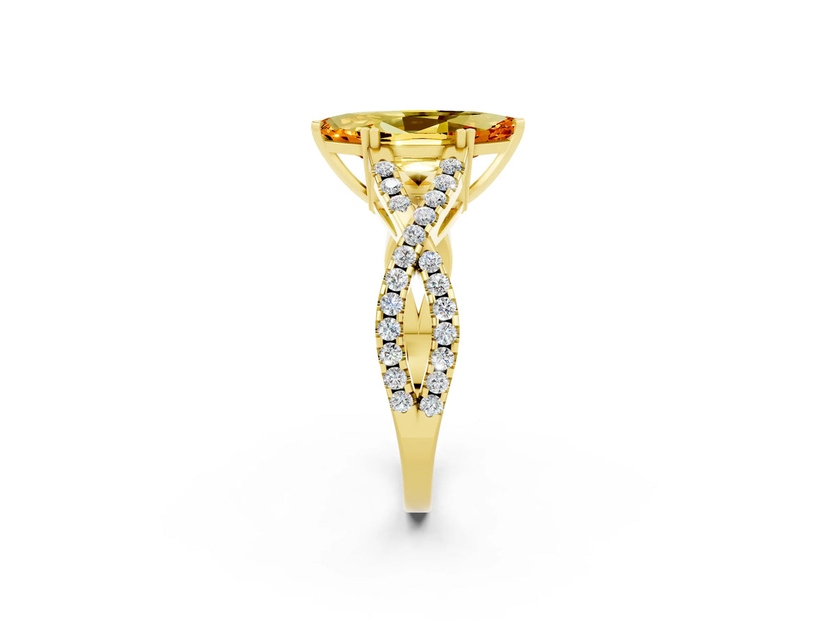 Marquise Cut Citrine Solitaire Ring in Yellow gold with Interwoven Pavé Band and Prong Setting_2