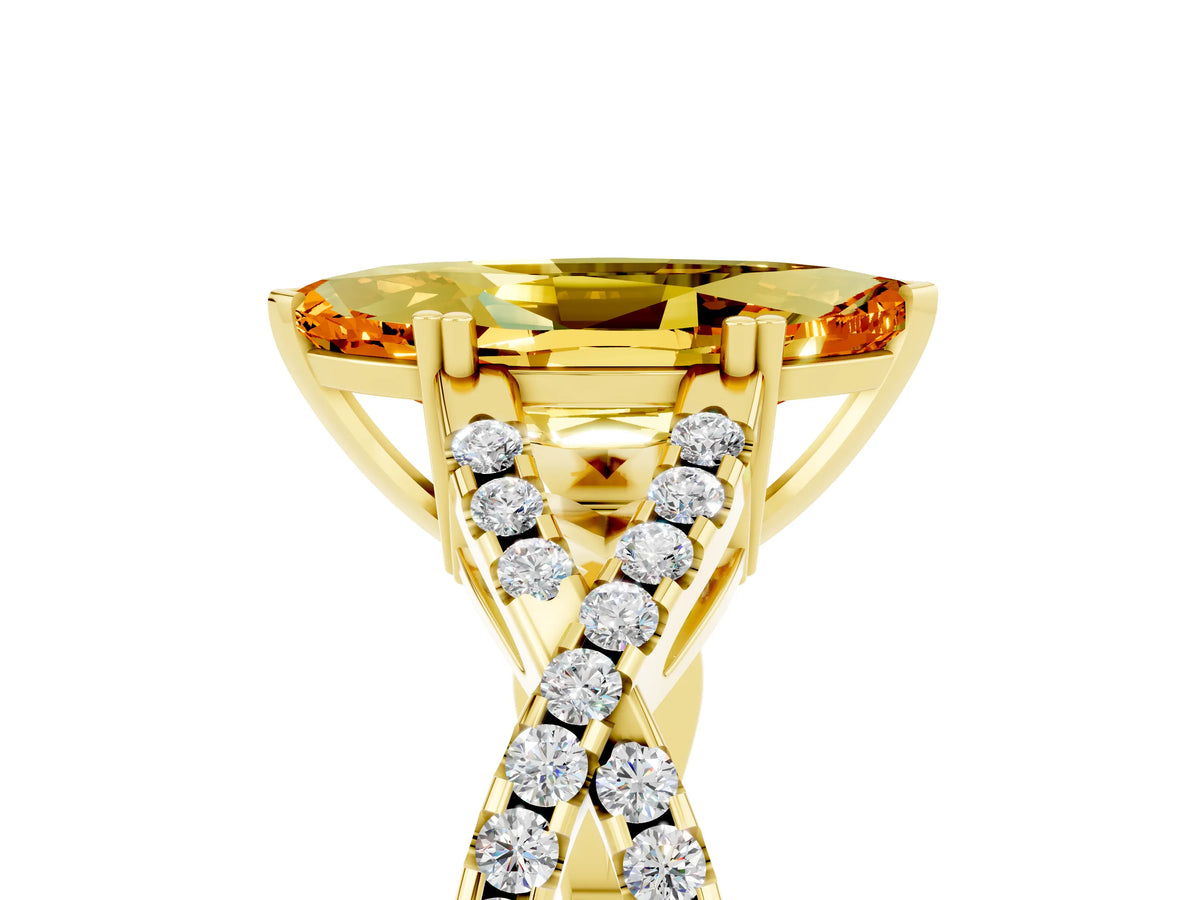 Marquise Cut Citrine Solitaire Ring in Yellow gold with Interwoven Pavé Band and Prong Setting_5