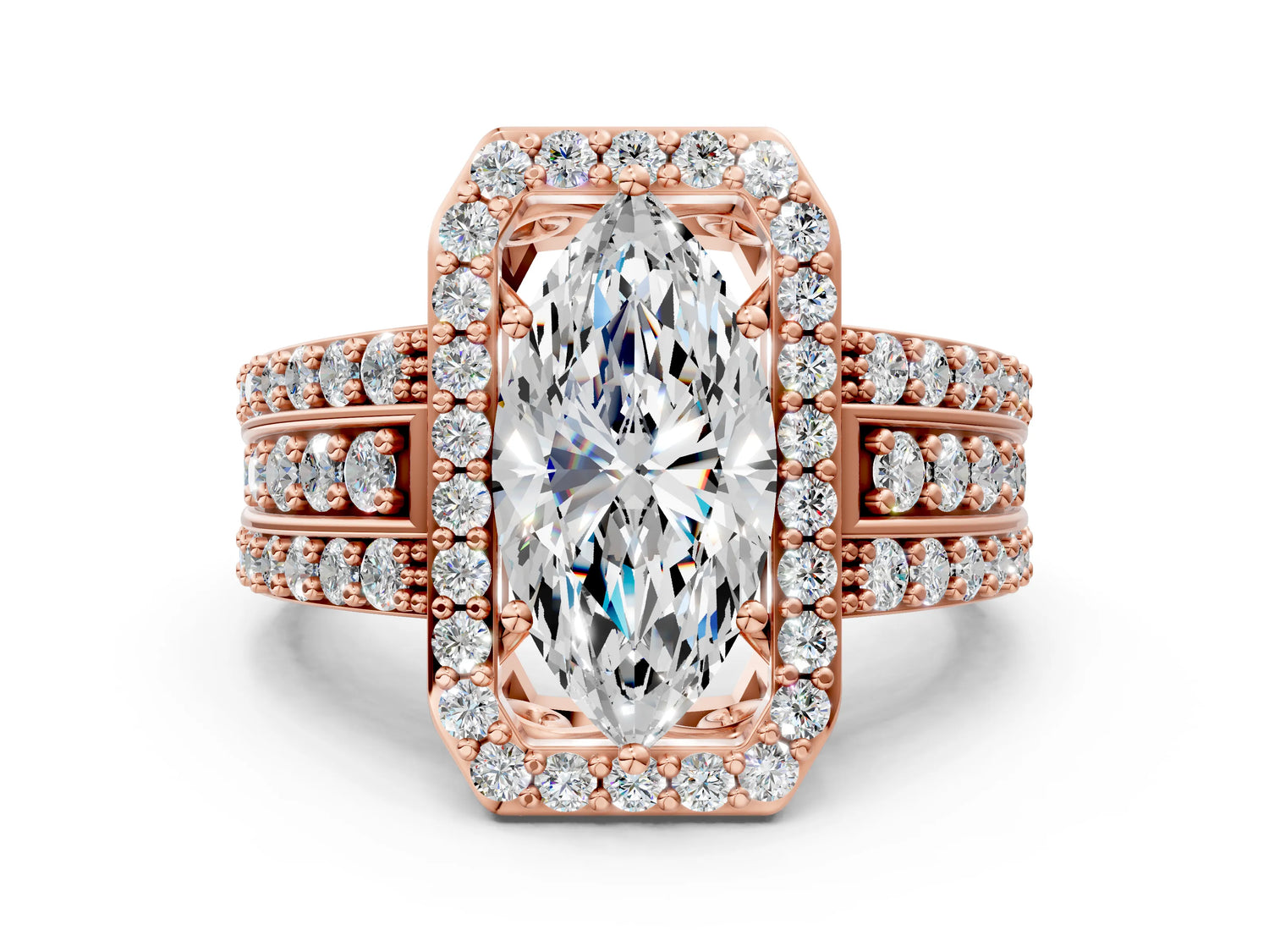 Marquise Cut Diamond Halo Engagement Ring in Rose gold with Triple-Row Round Band_18
