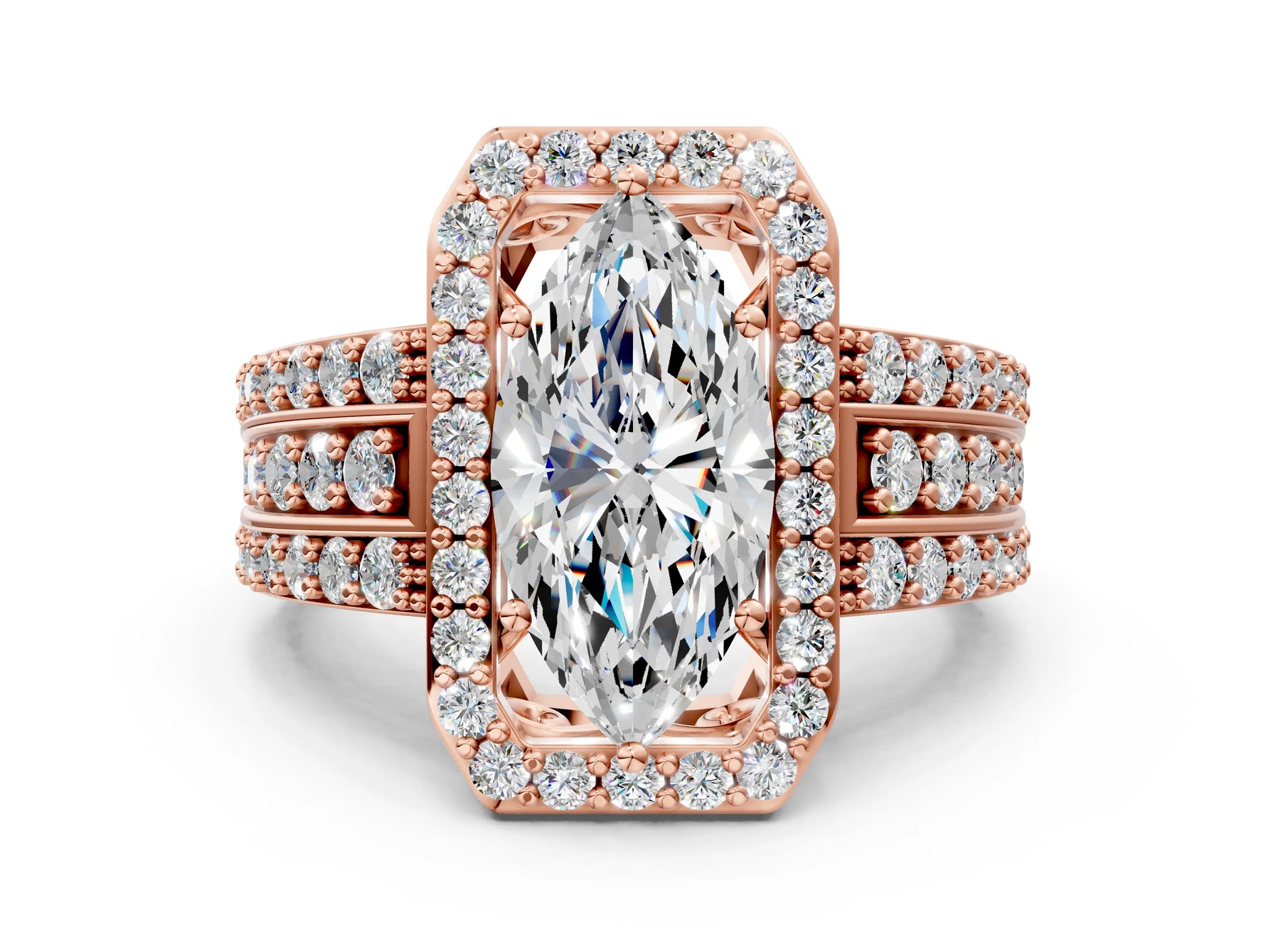 Marquise Cut Diamond Halo Engagement Ring in Rose gold with Triple-Row Round Band_18