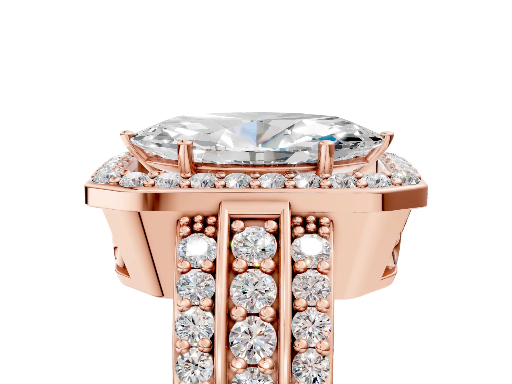 Marquise Cut Diamond Halo Engagement Ring in Rose gold with Triple-Row Round Band_23