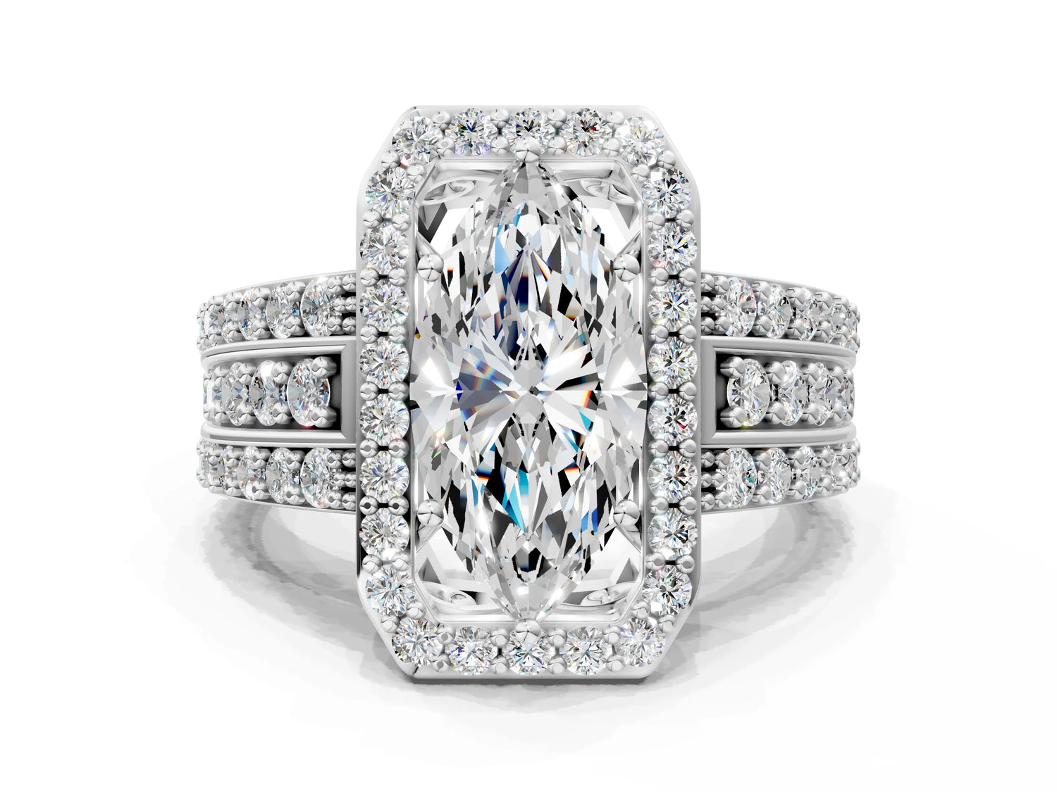 Marquise Cut Diamond Halo Engagement Ring in White gold with Triple-Row Round Band_18