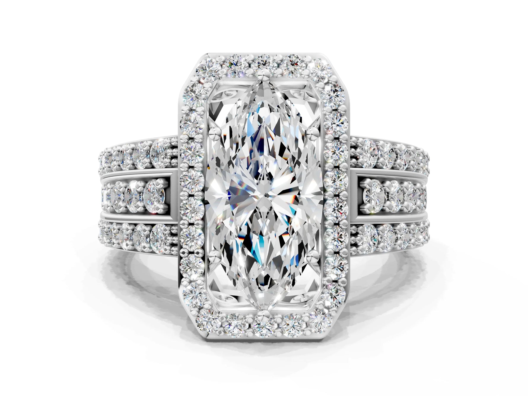 Marquise Cut Diamond Halo Engagement Ring in White gold with Triple-Row Round Band_18