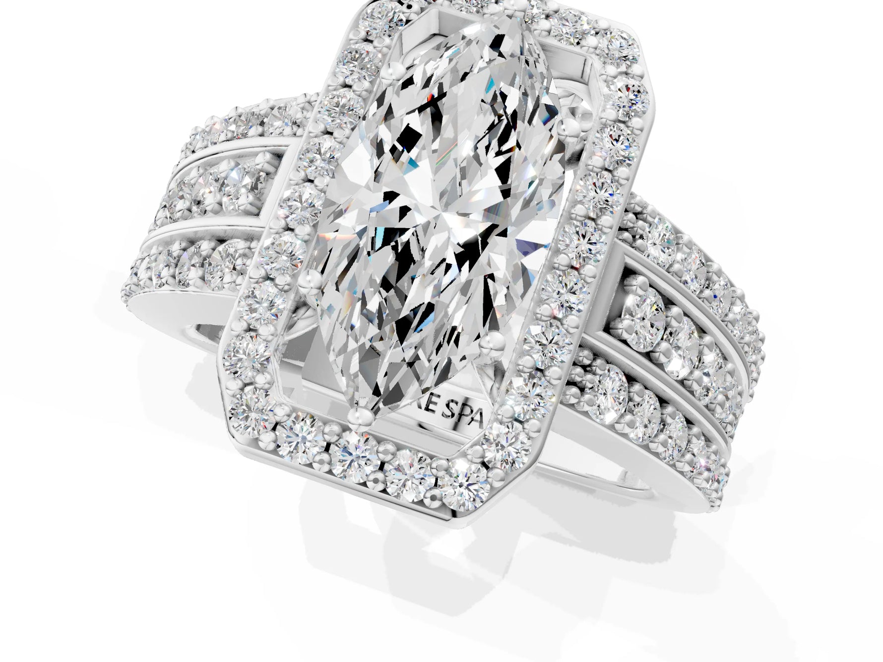 Marquise Cut Diamond Halo Engagement Ring in White gold with Triple-Row Round Band_19