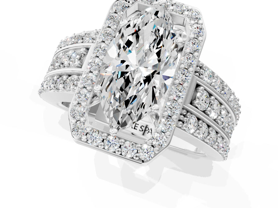 Marquise Cut Diamond Halo Engagement Ring in White gold with Triple-Row Round Band