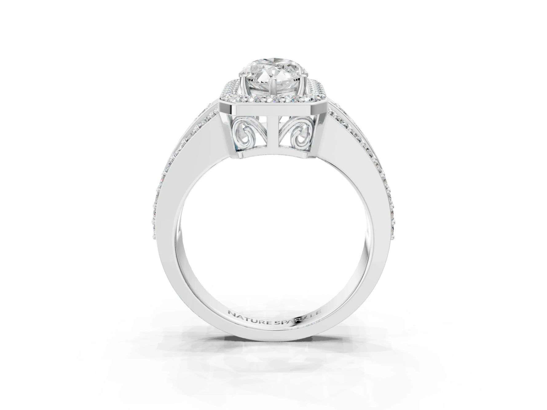 Marquise Cut Diamond Halo Engagement Ring in White gold with Triple-Row Round Band_21