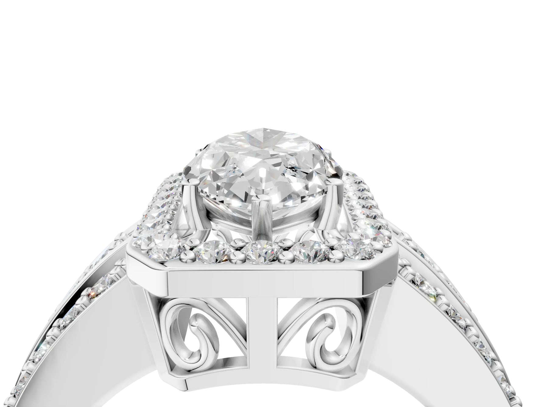 Marquise Cut Diamond Halo Engagement Ring in White gold with Triple-Row Round Band_22