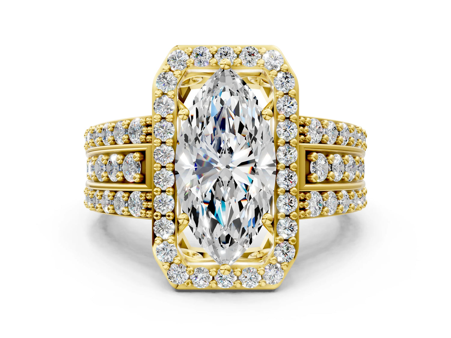 Marquise Cut Diamond Halo Engagement Ring in Yellow gold with Triple-Row Round Band_18