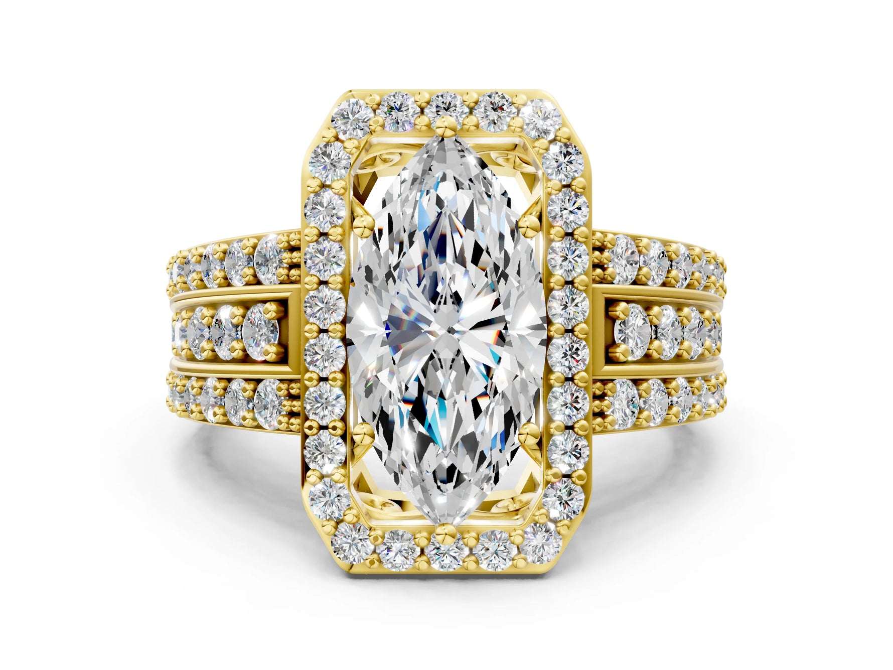 Marquise Cut Diamond Halo Engagement Ring in Yellow gold with Triple-Row Round Band_18