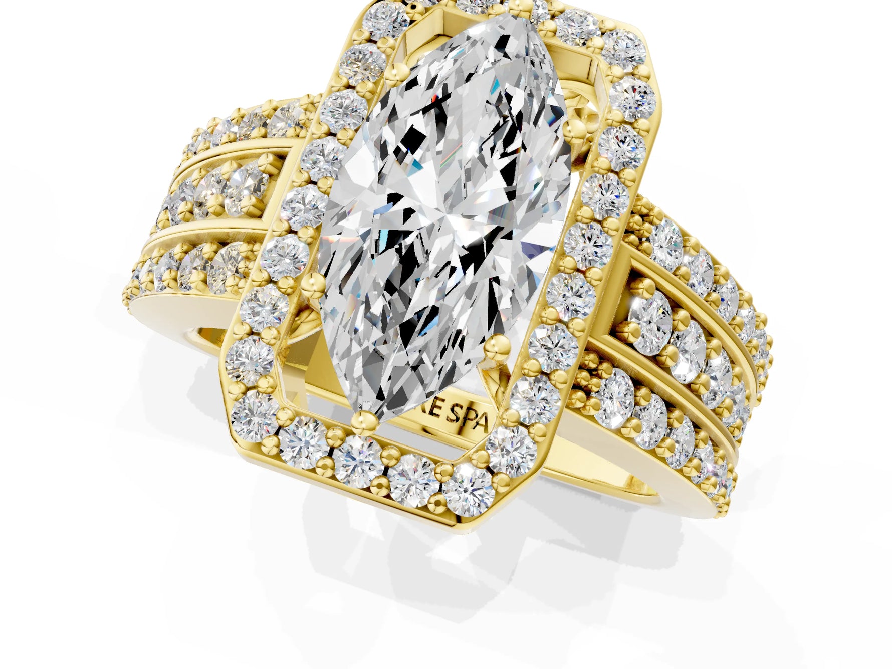 Marquise Cut Diamond Halo Engagement Ring in Yellow gold with Triple-Row Round Band_19