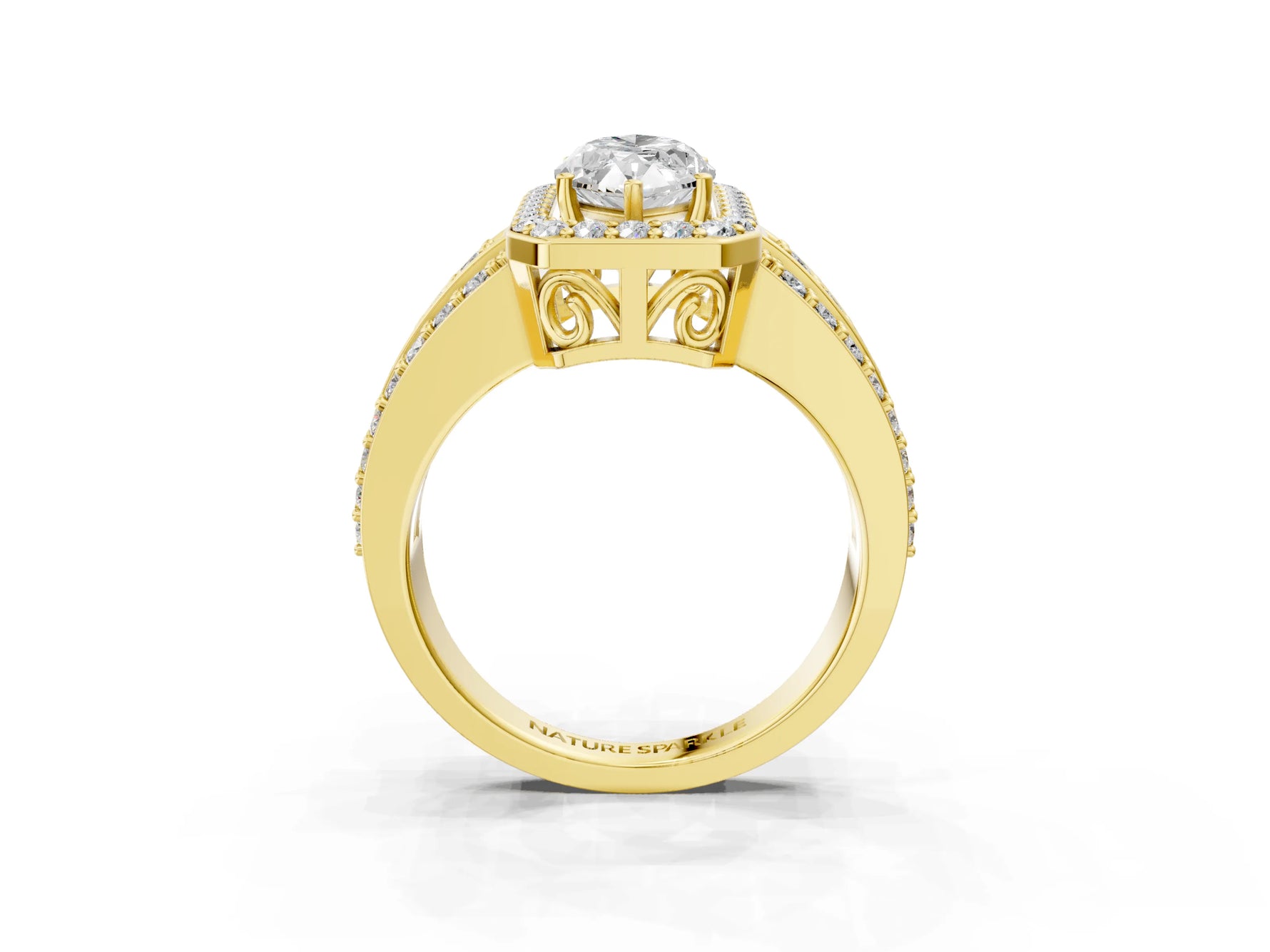 Marquise Cut Diamond Halo Engagement Ring in Yellow gold with Triple-Row Round Band_21