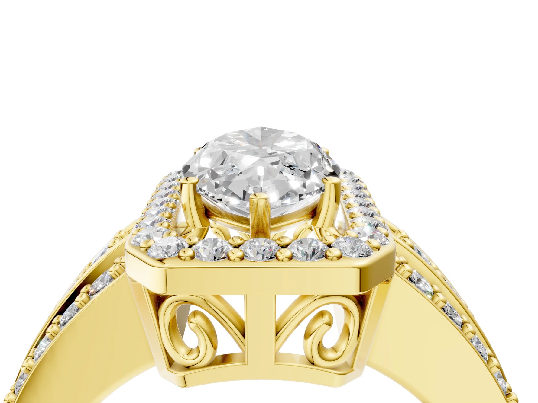 Marquise Cut Diamond Halo Engagement Ring in Yellow gold with Triple-Row Round Band_22
