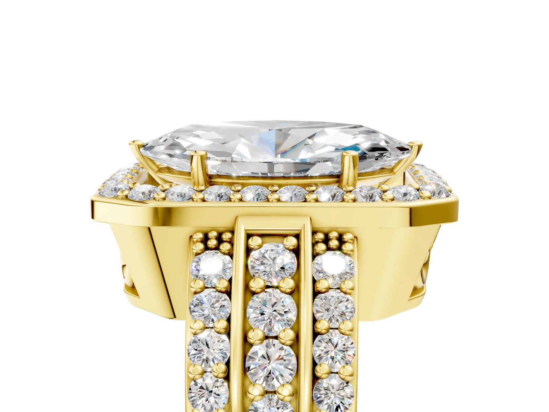 Marquise Cut Diamond Halo Engagement Ring in Yellow gold with Triple-Row Round Band_23