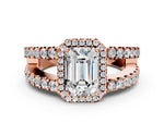Marquise Cut Diamond Halo Ring in Rose gold with Split Shank Band and Prong Setting