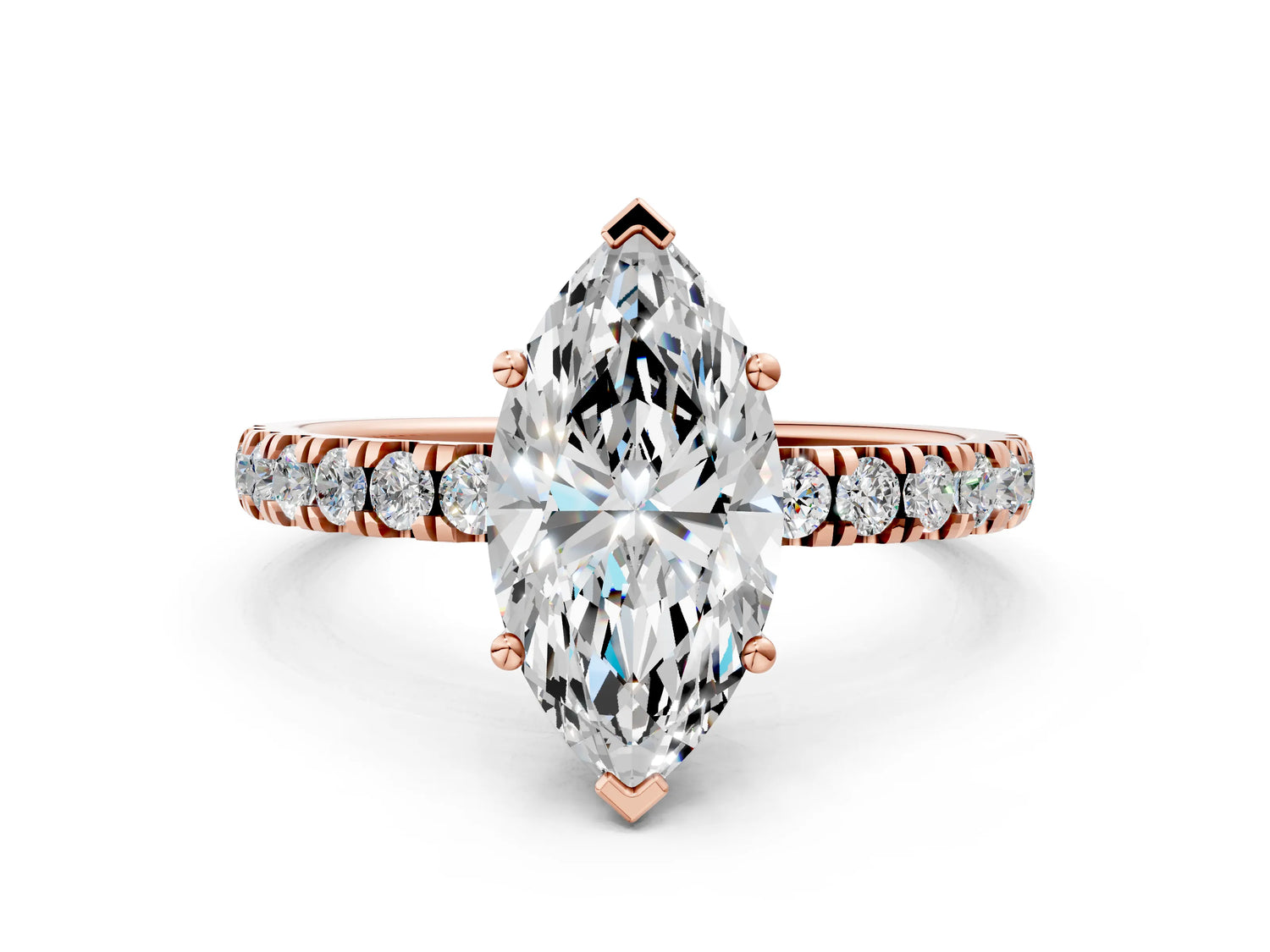 Marquise Cut Diamond Hidden Halo Engagement Ring in Rose gold with Round Pavé Band_12