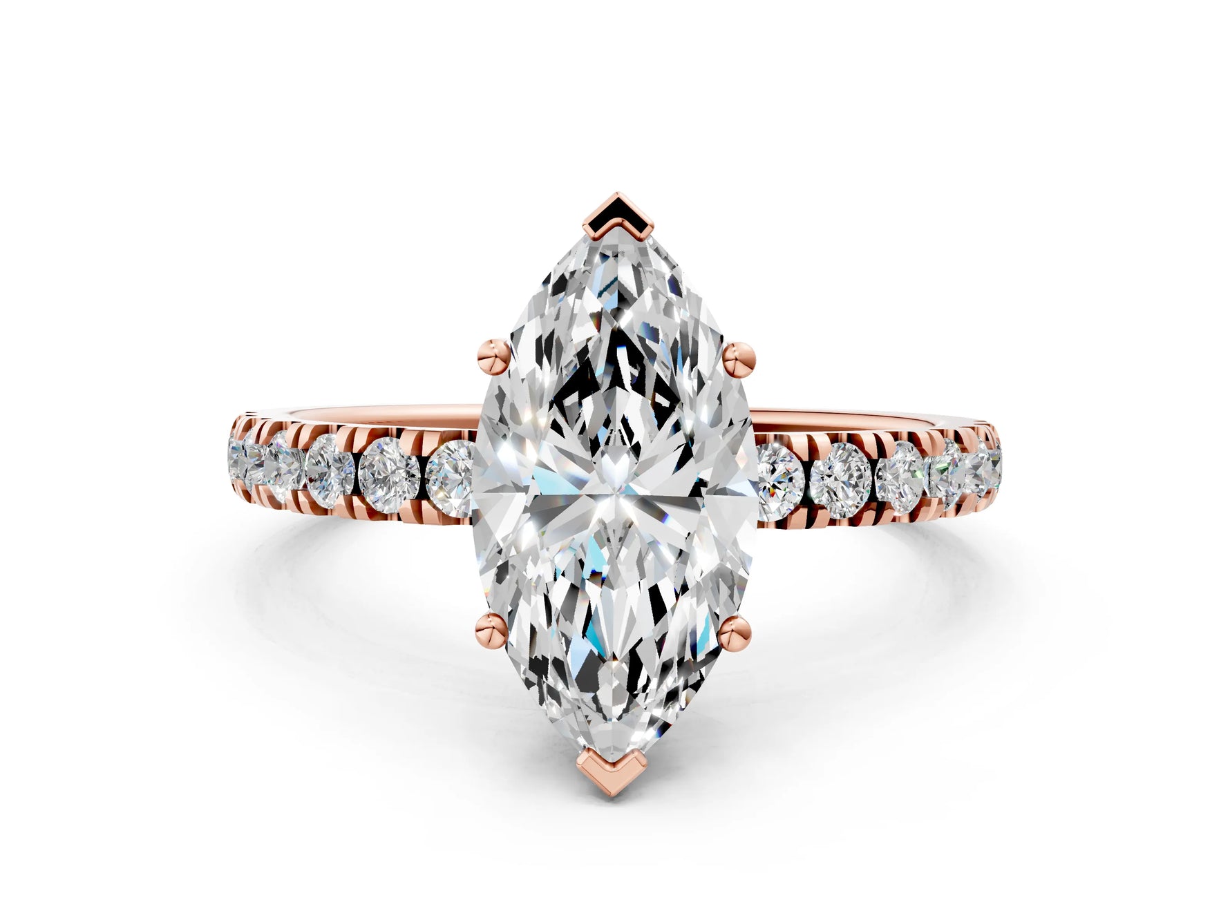 Marquise Cut Diamond Hidden Halo Engagement Ring in Rose gold with Round Pavé Band_12