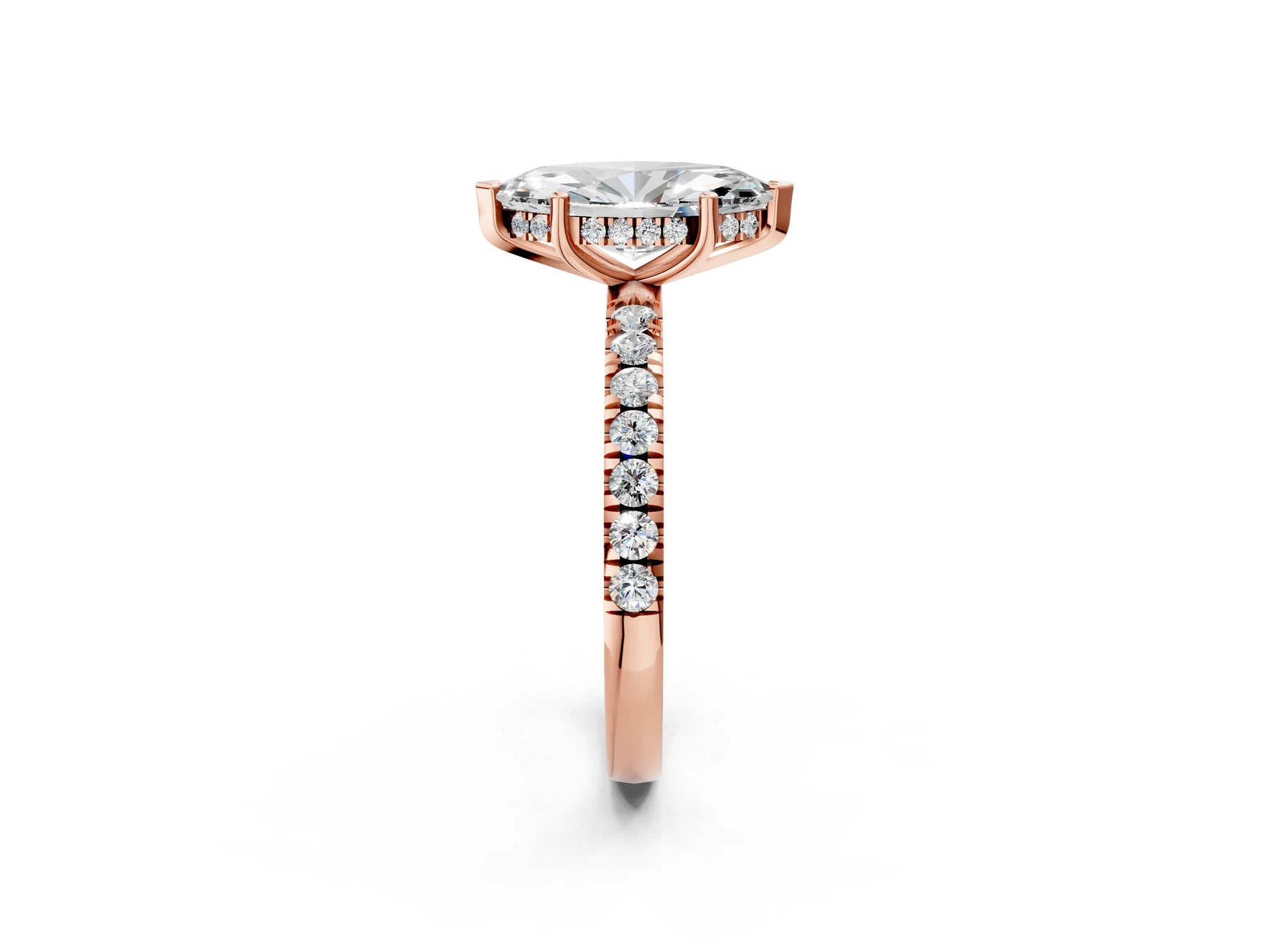 Marquise Cut Diamond Hidden Halo Engagement Ring in Rose gold with Round Pavé Band_14