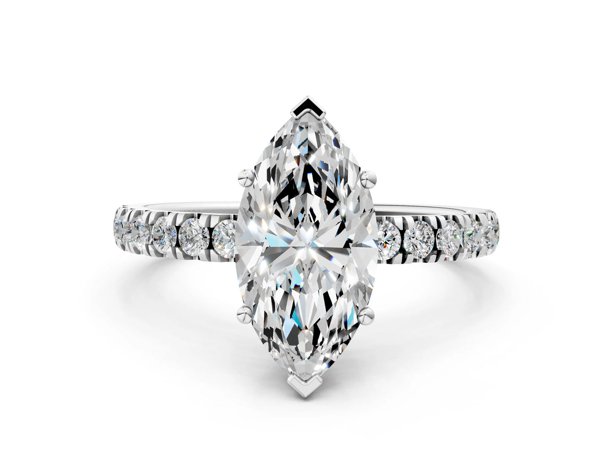 Marquise Cut Diamond Hidden Halo Engagement Ring in White gold with Round Pavé Band_12