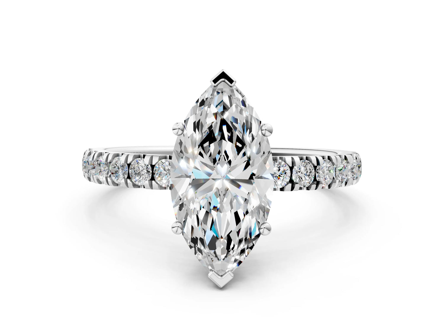 Marquise Cut Diamond Hidden Halo Engagement Ring in White gold with Round Pavé Band_12
