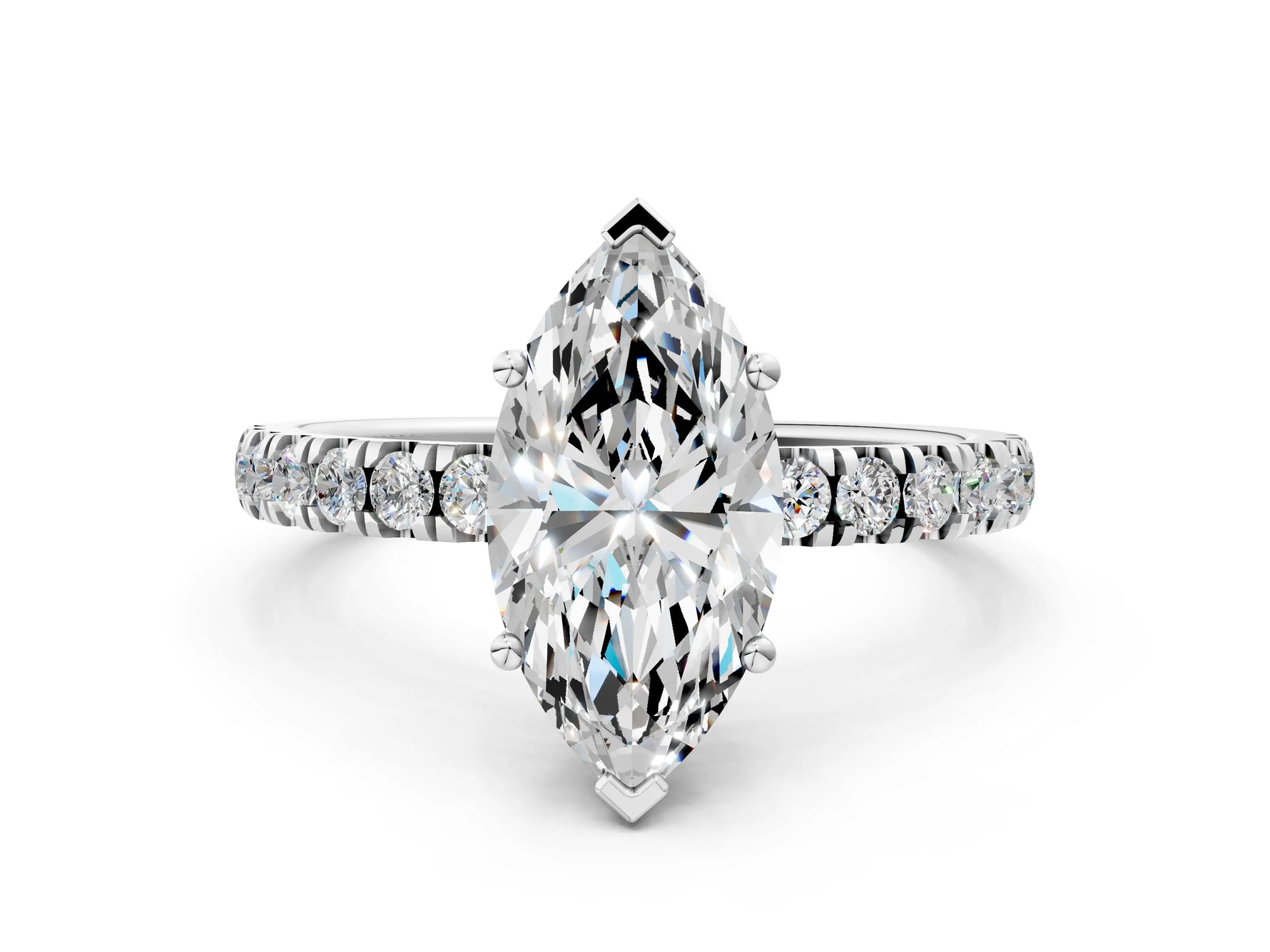 Marquise Cut Diamond Hidden Halo Engagement Ring in White gold with Round Pavé Band_12