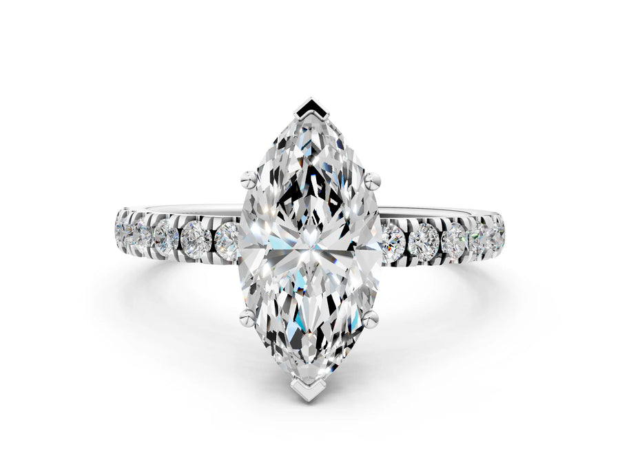 Marquise Cut Diamond Hidden Halo Engagement Ring in Silver with Round Pavé Band
