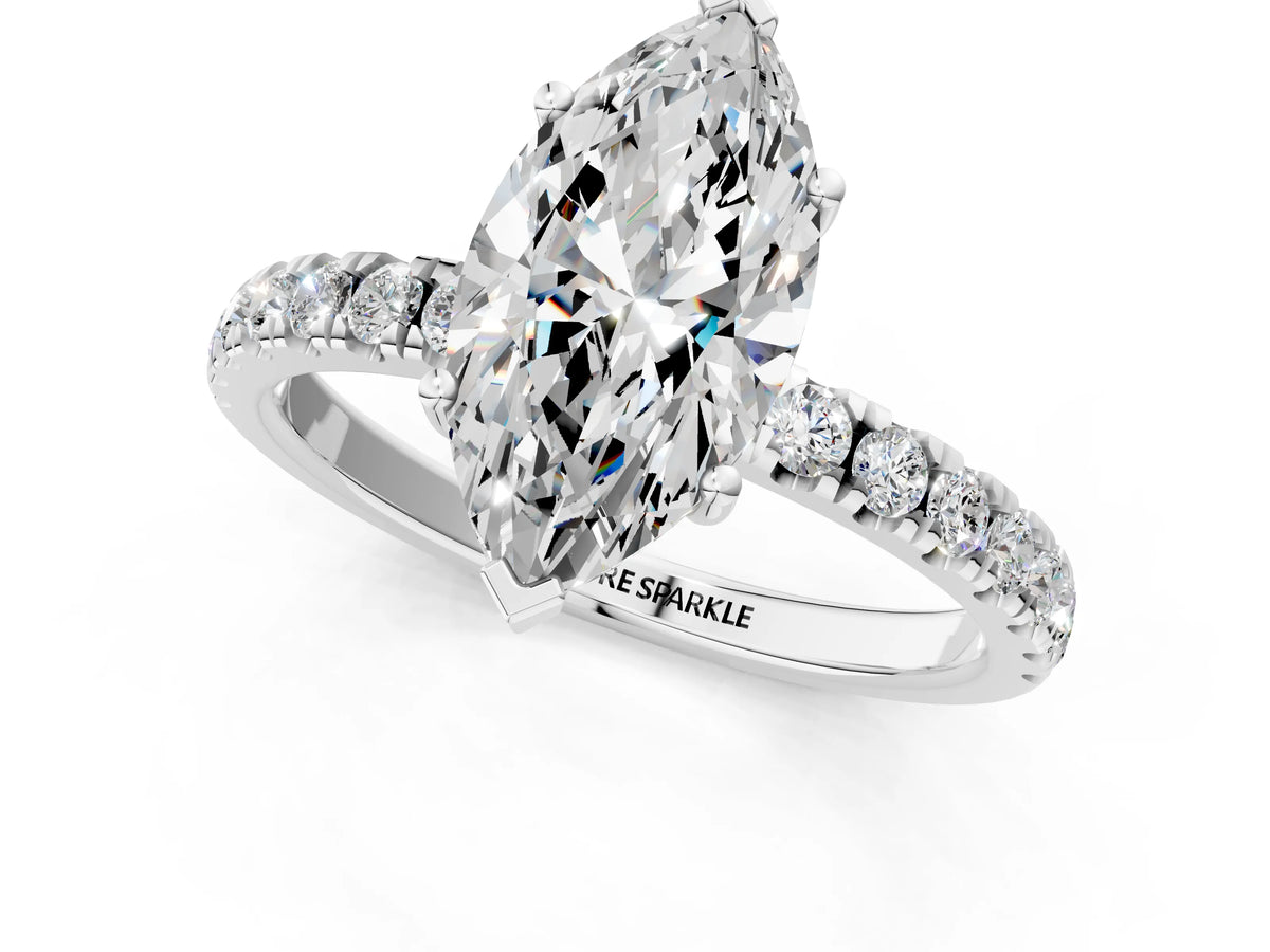 Marquise Cut Diamond Hidden Halo Engagement Ring in White gold with Round Pavé Band_13